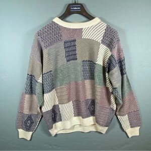 VTG Enro Sweater Mens L Tan V-Neck Geometric Acrylic Coogi Grandpa Style 90s
